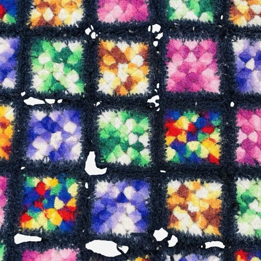 Vintage Handmade Crochet Colorful Granny Square Afghan Throw 35 x 34 Couch Sofa